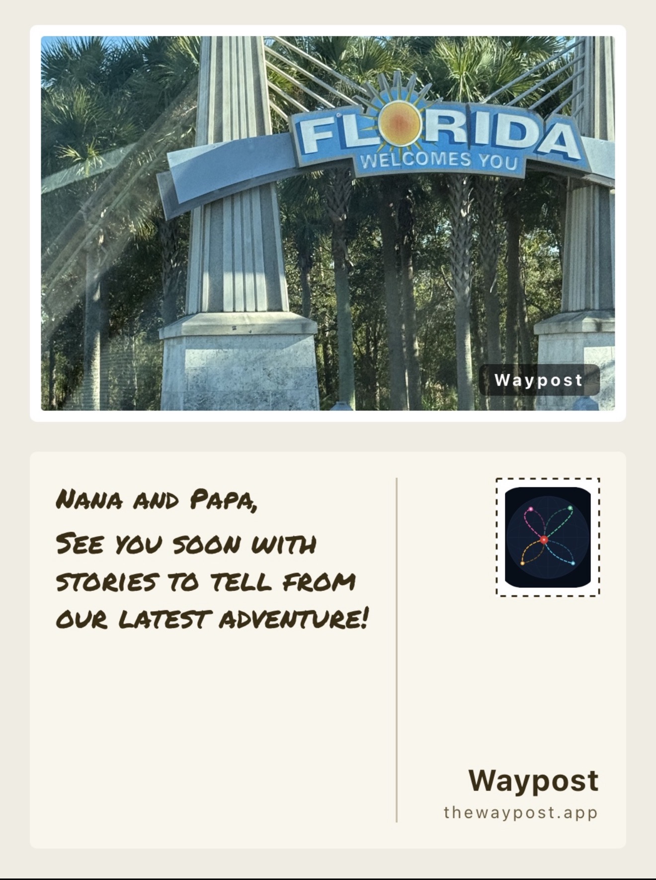 A postcard created from a travel memory in Waypost