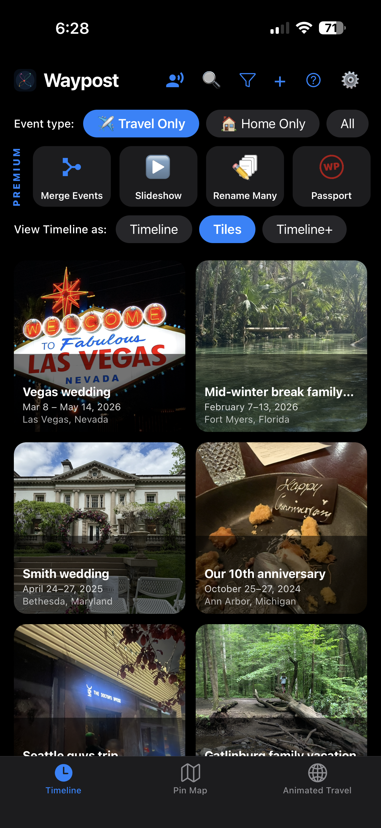 Waypost's Tiles view groups trip and celebration photos into named events
